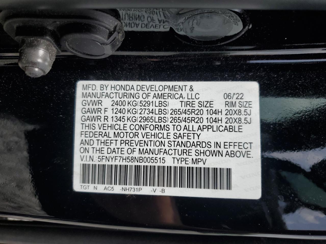 2022 Honda Passport Exl VIN: 5FNYF7H58NB005515 Lot: 55290415