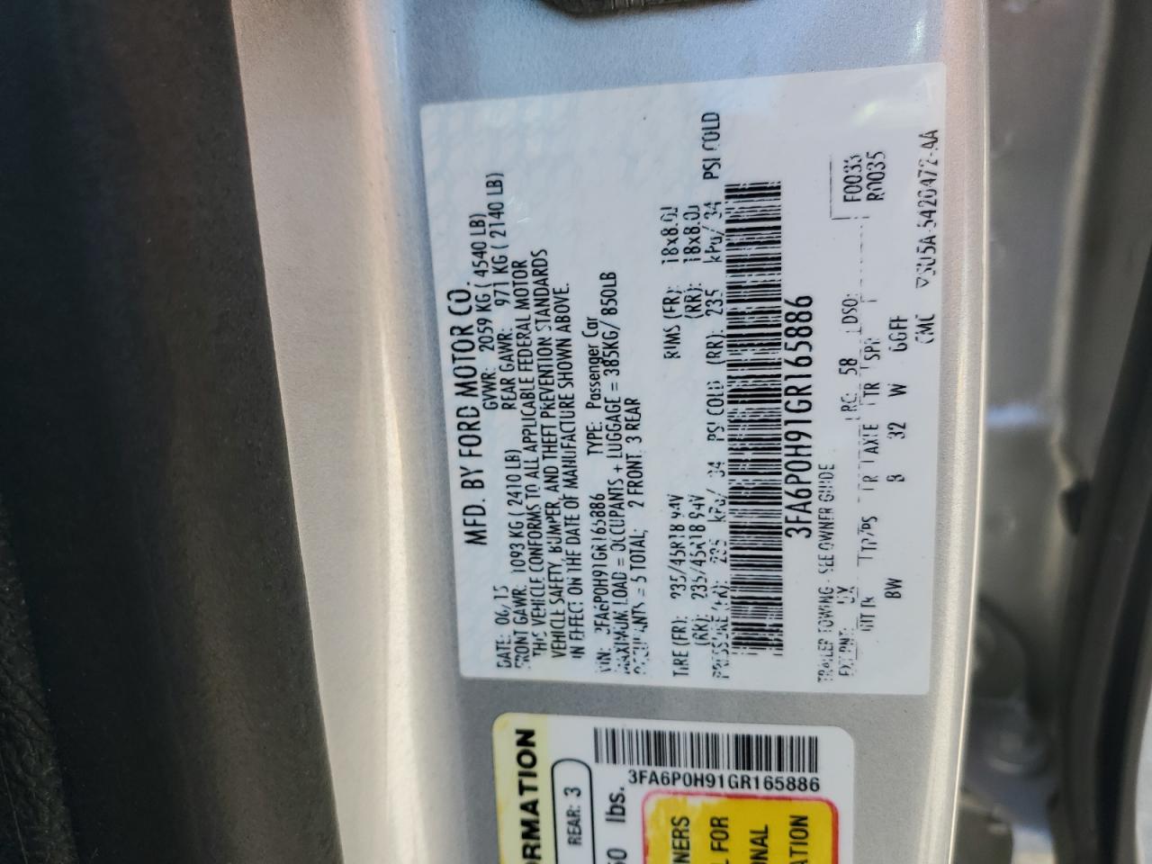 2016 Ford Fusion Se VIN: 3FA6P0H91GR165886 Lot: 57633435