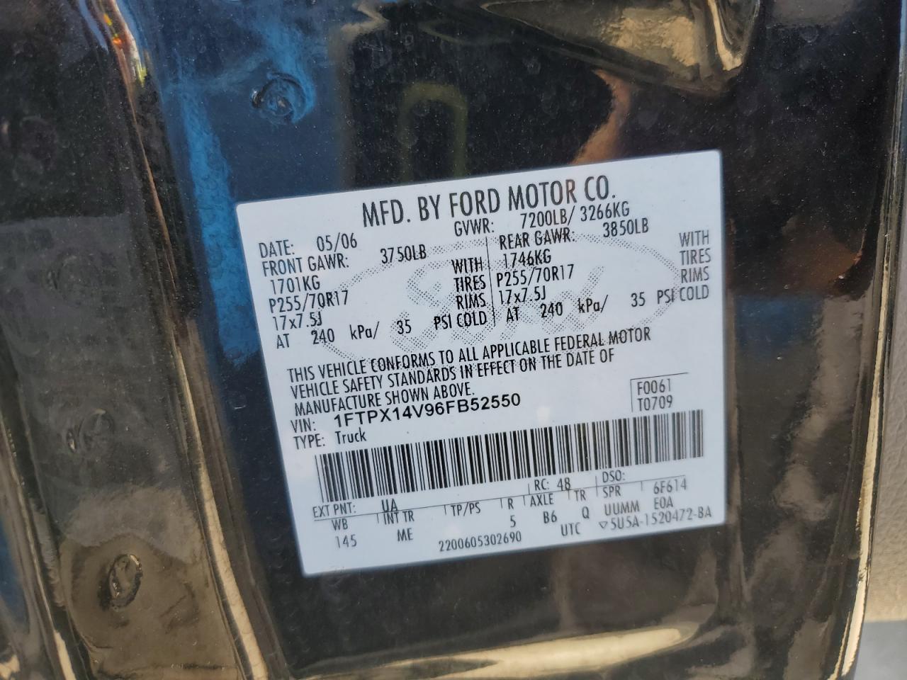 2006 Ford F150 VIN: 1FTPX14V96FB52550 Lot: 58034445