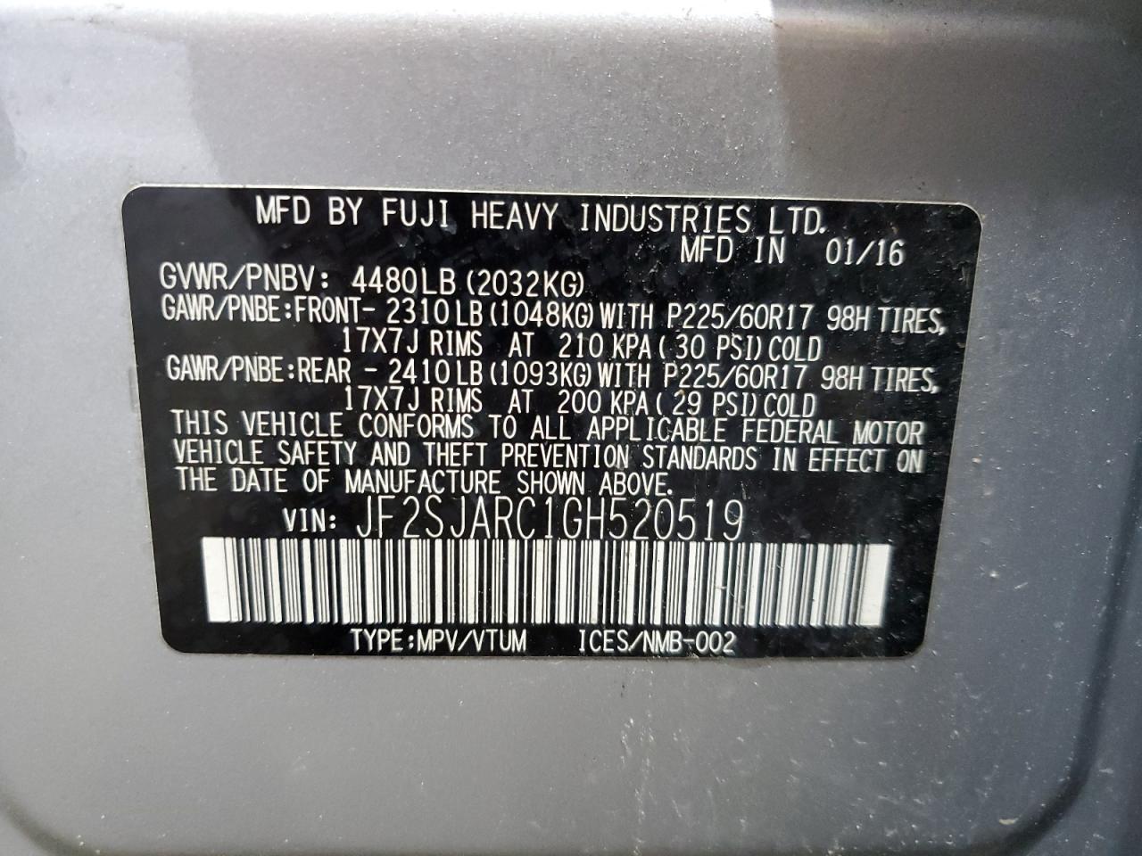 2016 Subaru Forester 2.5I Limited VIN: JF2SJARC1GH520519 Lot: 57258915