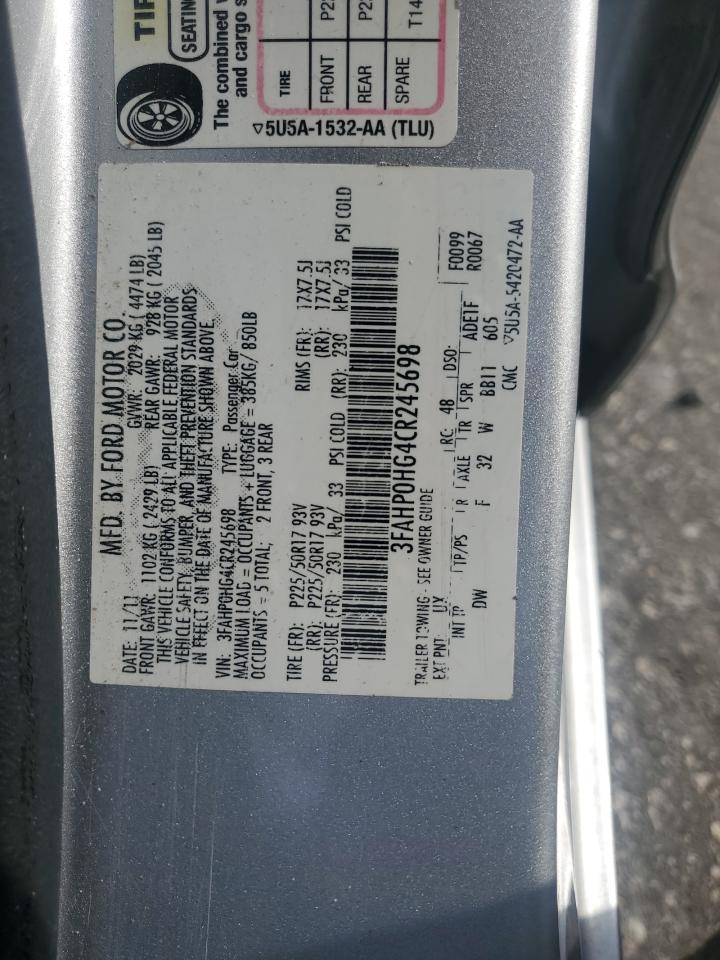 2012 Ford Fusion Se VIN: 3FAHP0HG4CR245698 Lot: 56890705