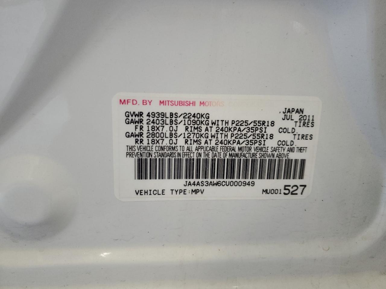 2012 Mitsubishi Outlander Se VIN: JA4AS3AW6CU000949 Lot: 58219215
