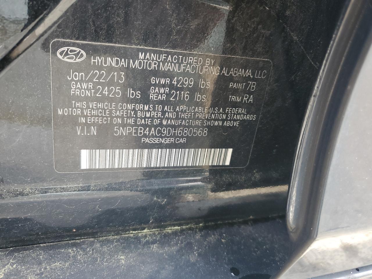 2013 Hyundai Sonata Gls VIN: 5NPEB4AC9DH680568 Lot: 56686085