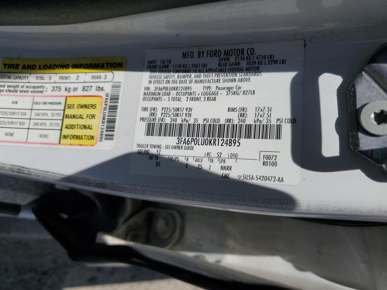 2019 Ford Fusion Se VIN: 3FA6P0LU0KR124895 Lot: 54037615