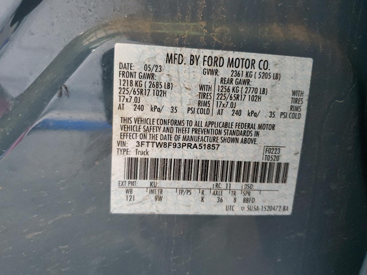 2023 Ford Maverick Xl VIN: 3FTTW8F93PRA51857 Lot: 54590265