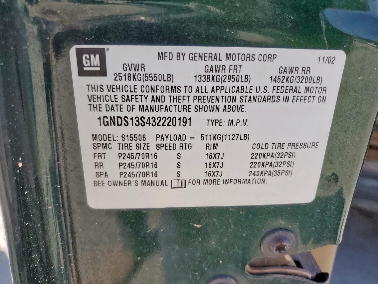 2003 Chevrolet Trailblazer VIN: 1GNDS13S43222191 Lot: 58174005