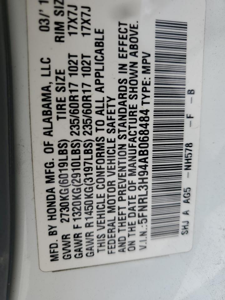 2010 Honda Odyssey Touring VIN: 5FNRL3H94AB068484 Lot: 56819895