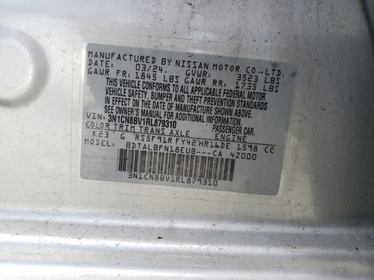 2024 Nissan Versa S VIN: 3N1CN8BV1RL879310 Lot: 57466845