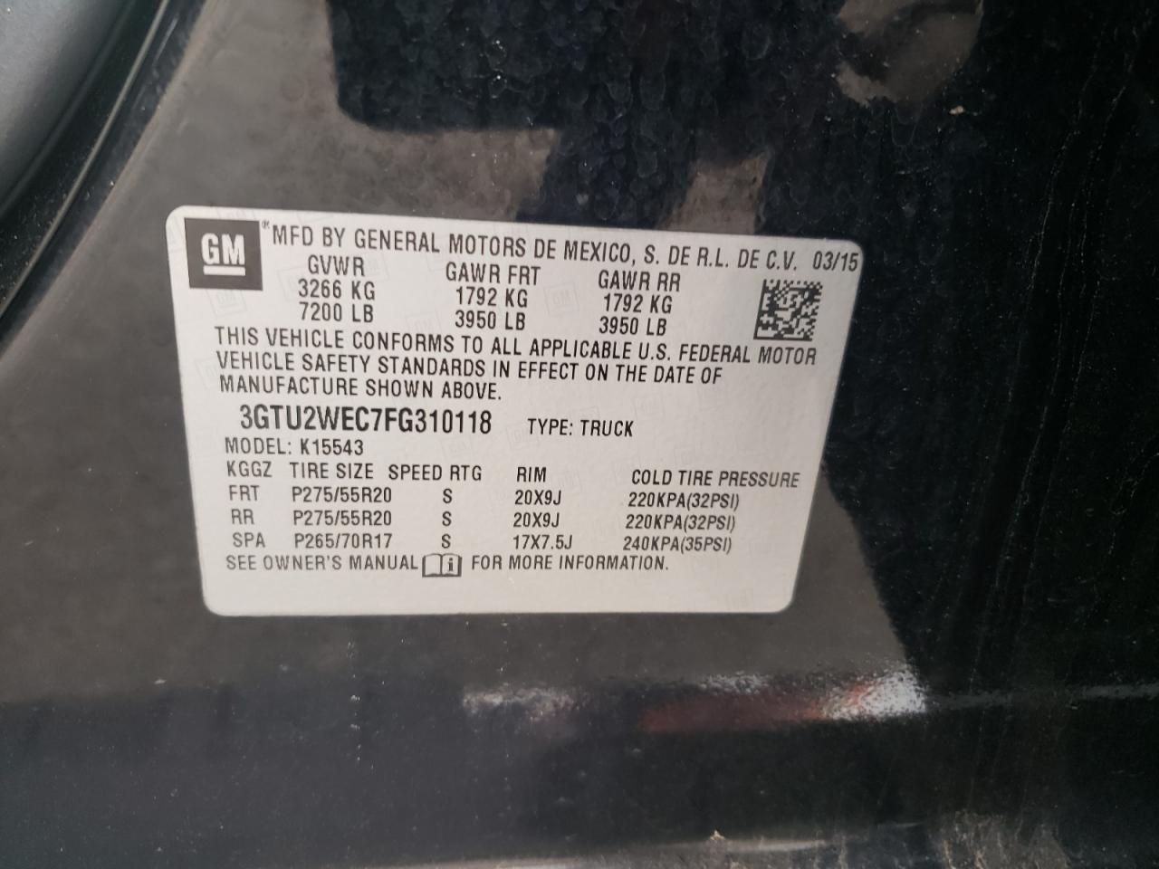 2015 GMC Sierra K1500 Denali VIN: 3GTU2WEC7FG310118 Lot: 56488135
