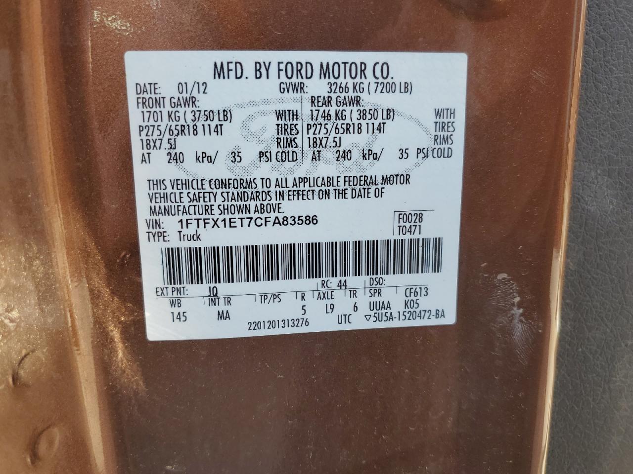 2012 Ford F150 Super Cab VIN: 1FTFX1ET7CFA83586 Lot: 68853735