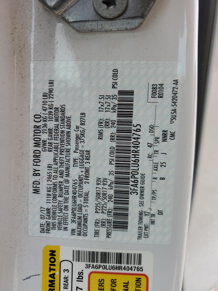 2017 Ford Fusion Se Hybrid VIN: 3FA6P0LU6HR404765 Lot: 57237315