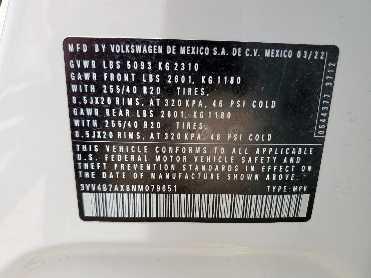 2022 Volkswagen Tiguan Sel R-Line VIN: 3VV4B7AX8NM079651 Lot: 56794225