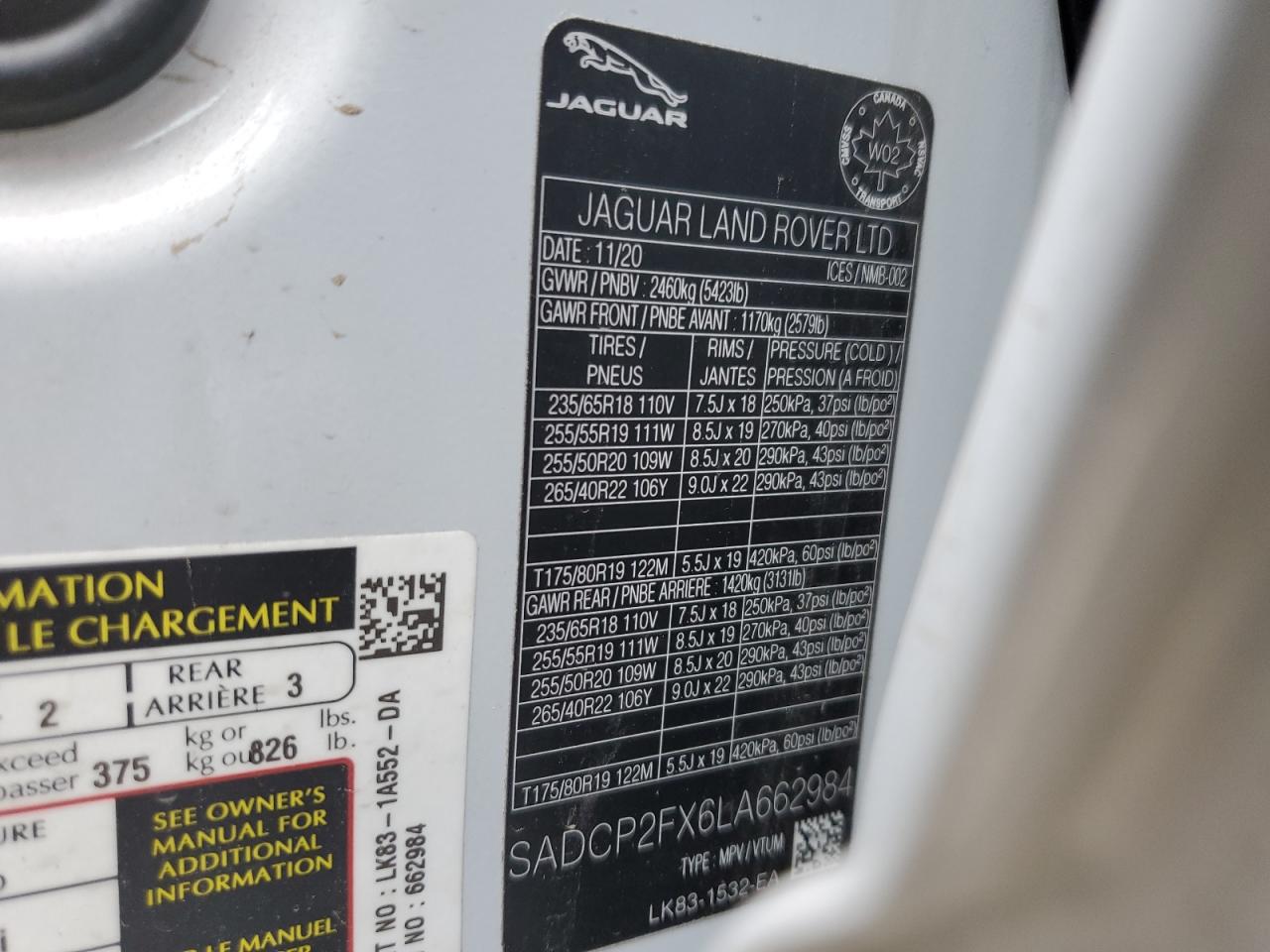 2020 Jaguar F-Pace Checkered Flag VIN: SADCP2FX6LA662984 Lot: 55518465