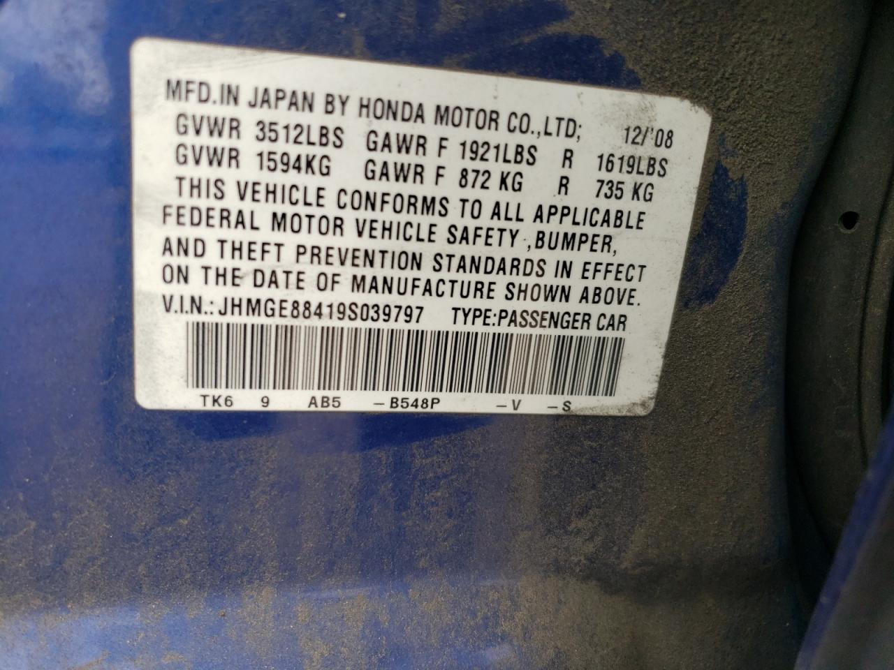2009 Honda Fit Sport VIN: JHMGE88419S039797 Lot: 56866245