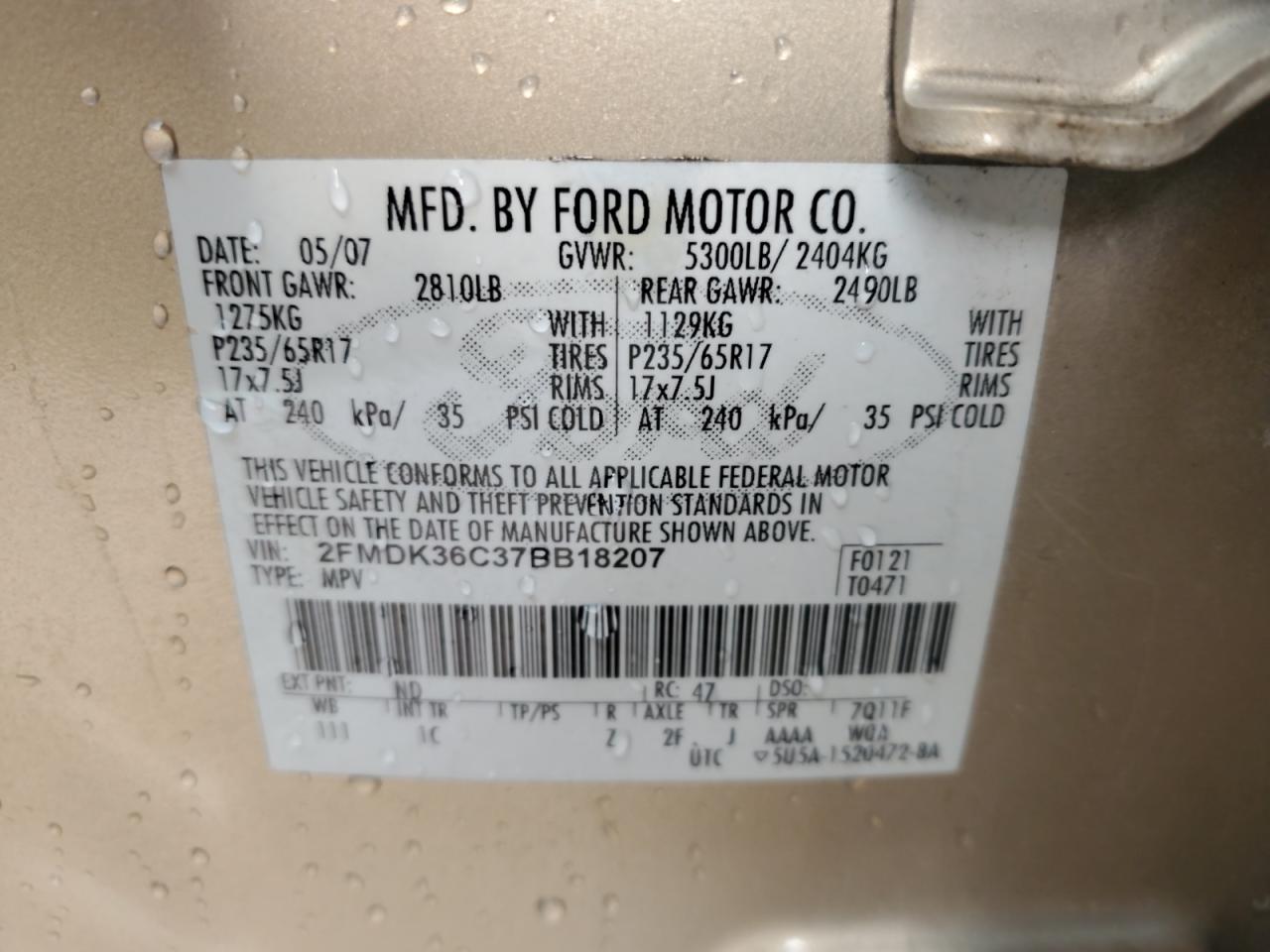 2007 Ford Edge Se VIN: 2FMDK36C37BB18207 Lot: 56863125