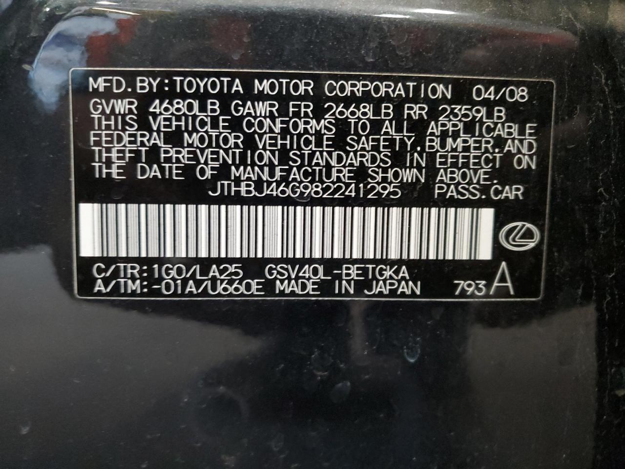 2008 Lexus Es 350 VIN: JTHBJ46G982241295 Lot: 56750175