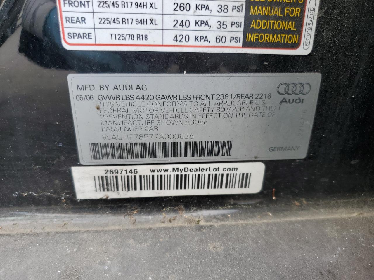 2007 Audi A3 2 VIN: WAUHF78P77A000638 Lot: 56936695