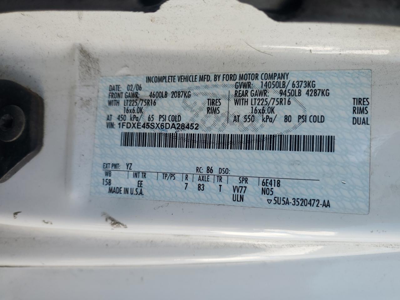 2006 Ford Econoline E450 Super Duty Cutaway Van VIN: 1FDXE45SX6DA28452 Lot: 55677765