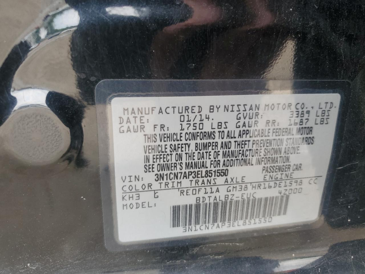 2014 Nissan Versa S VIN: 3N1CN7AP3EL851550 Lot: 56755745