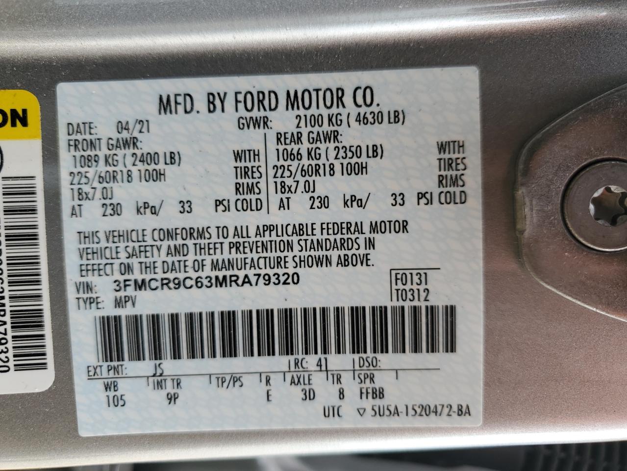2021 Ford Bronco Sport Outer Banks VIN: 3FMCR9C63MRA79320 Lot: 56400355