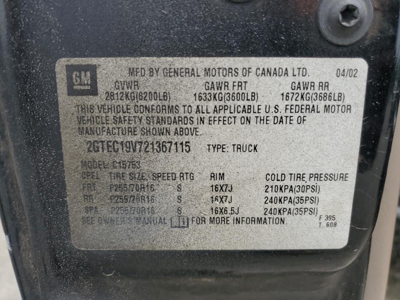 2002 GMC New Sierra C1500 VIN: 2GTEC19V721367115 Lot: 56102055