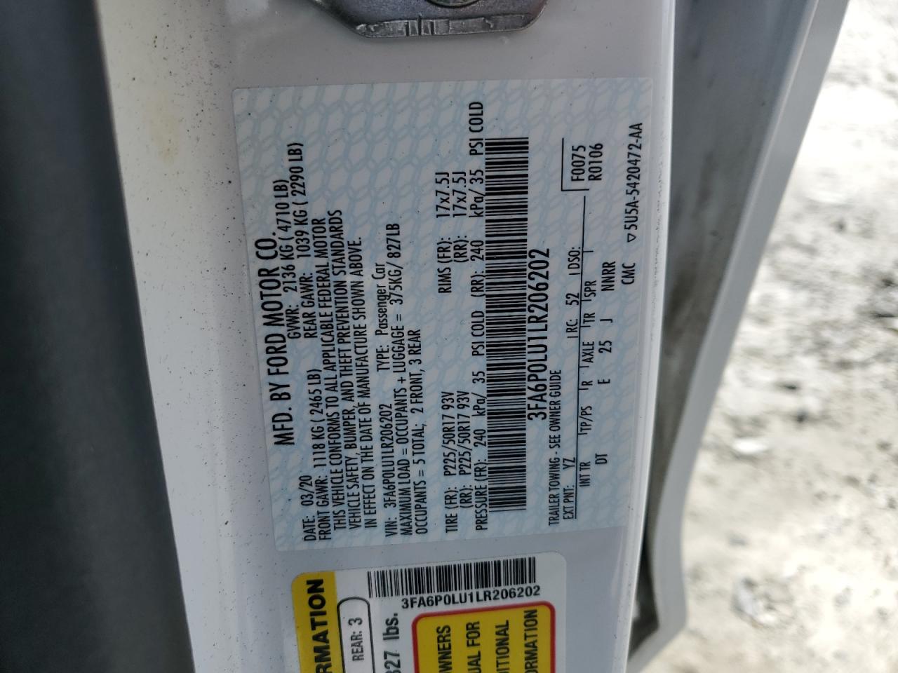 2020 Ford Fusion Se VIN: 3FA6P0LU1LR206202 Lot: 54030395