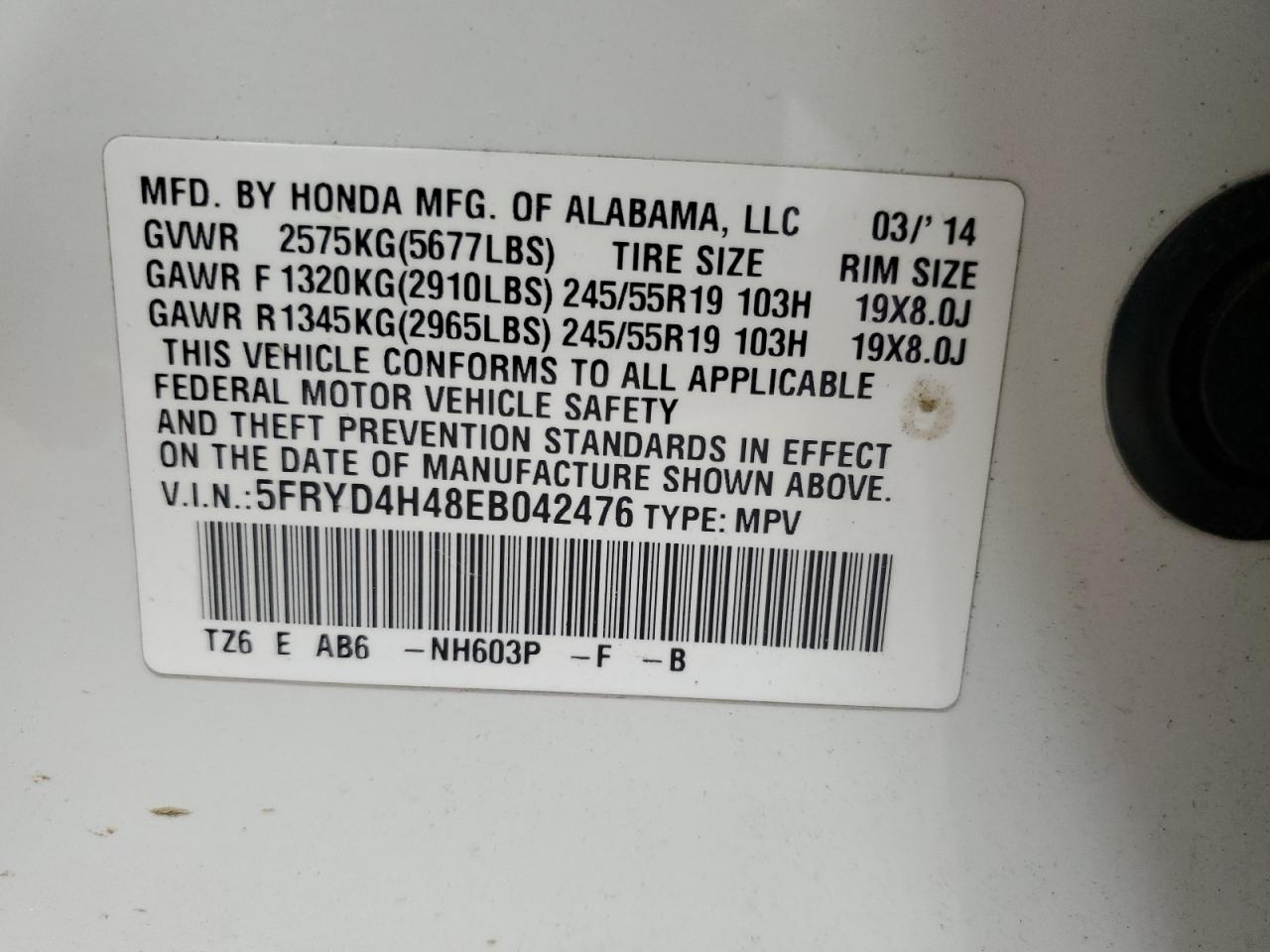 2014 Acura Mdx Technology VIN: 5FRYD4H48EB042476 Lot: 56474755