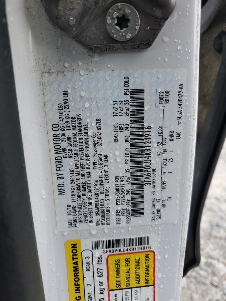 2019 Ford Fusion Se VIN: 3FA6P0LU4KR124916 Lot: 54030305