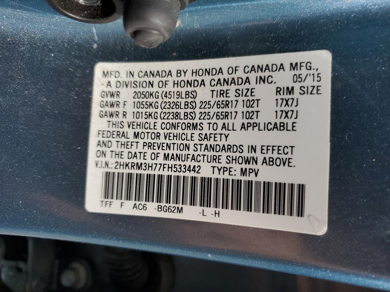2015 Honda Cr-V Exl VIN: 2HKRM3H77FH533442 Lot: 55137345