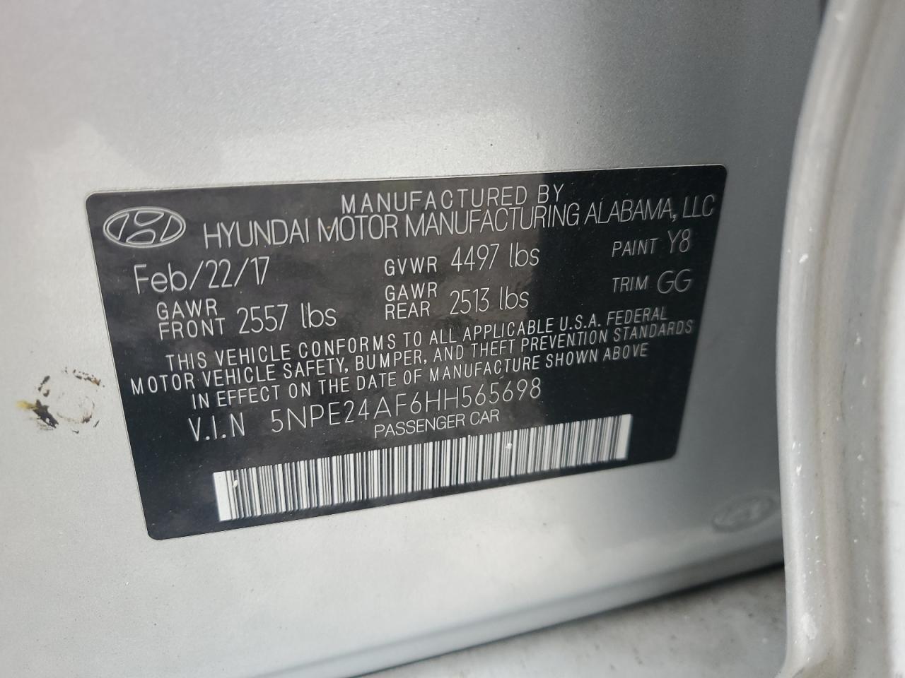 2017 Hyundai Sonata Se VIN: 5NPE24AF6HH565698 Lot: 56892205