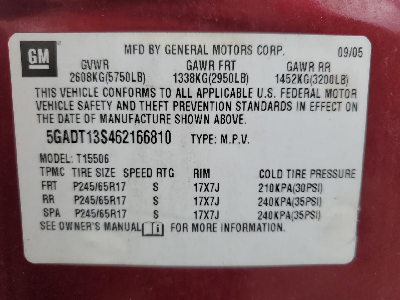2006 Buick Rainier Cxl VIN: 5GADT13S462166810 Lot: 54946175