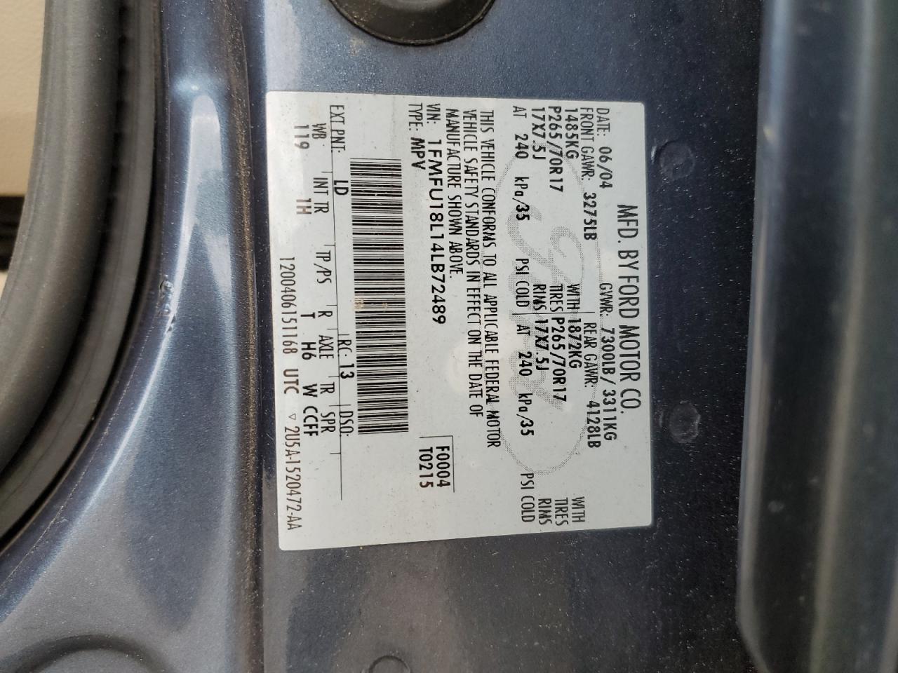 2004 Ford Expedition Eddie Bauer VIN: 1FMFU18L14LB72489 Lot: 57828615