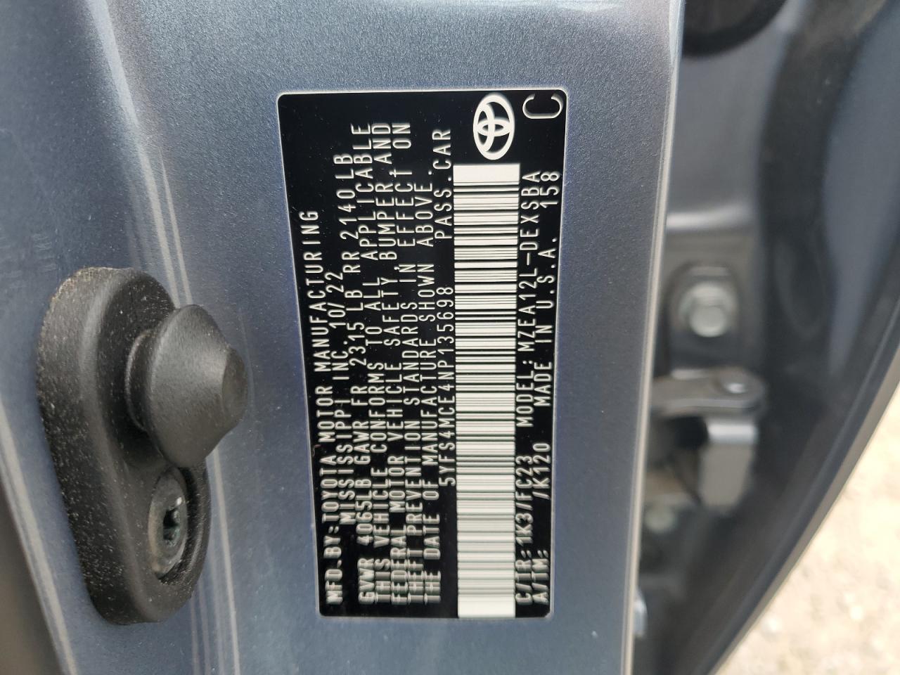 2022 Toyota Corolla Se VIN: 5YFS4MCE4NP135698 Lot: 57127535