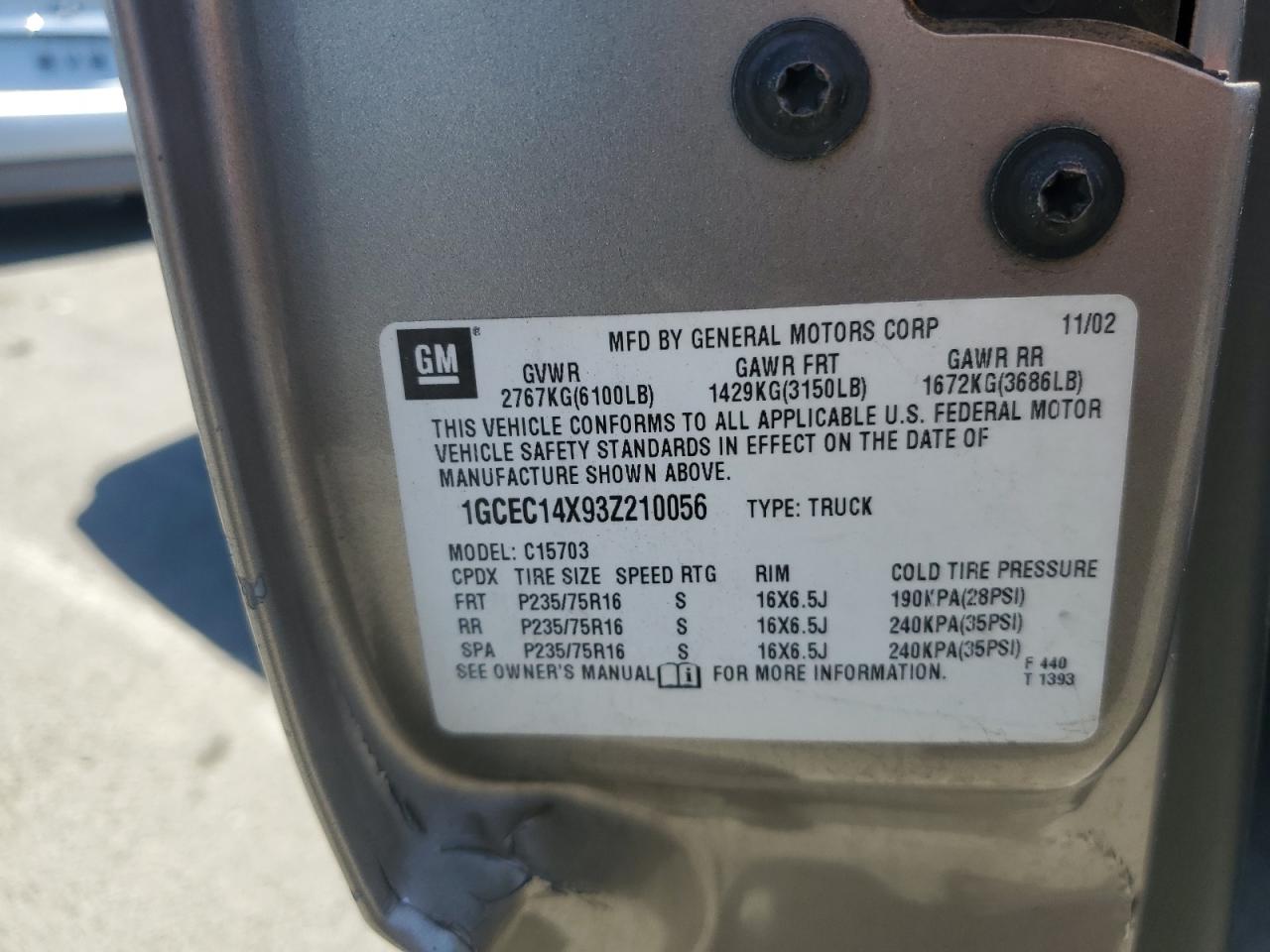 2003 Chevrolet Silverado C1500 VIN: 1GCEC14X93Z210056 Lot: 59239085