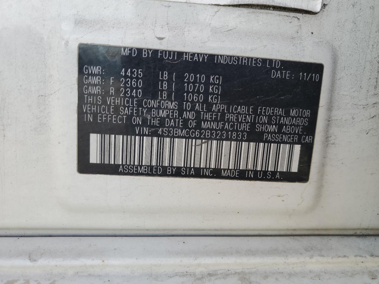 2011 Subaru Legacy 2.5I Premium VIN: 4S3BMCG62B3231833 Lot: 55823285