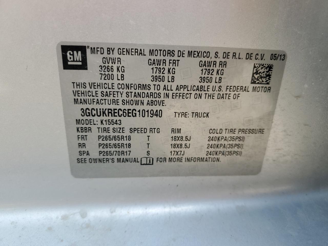 2014 Chevrolet Silverado K1500 Lt VIN: 3GCUKREC6EG101940 Lot: 57064825