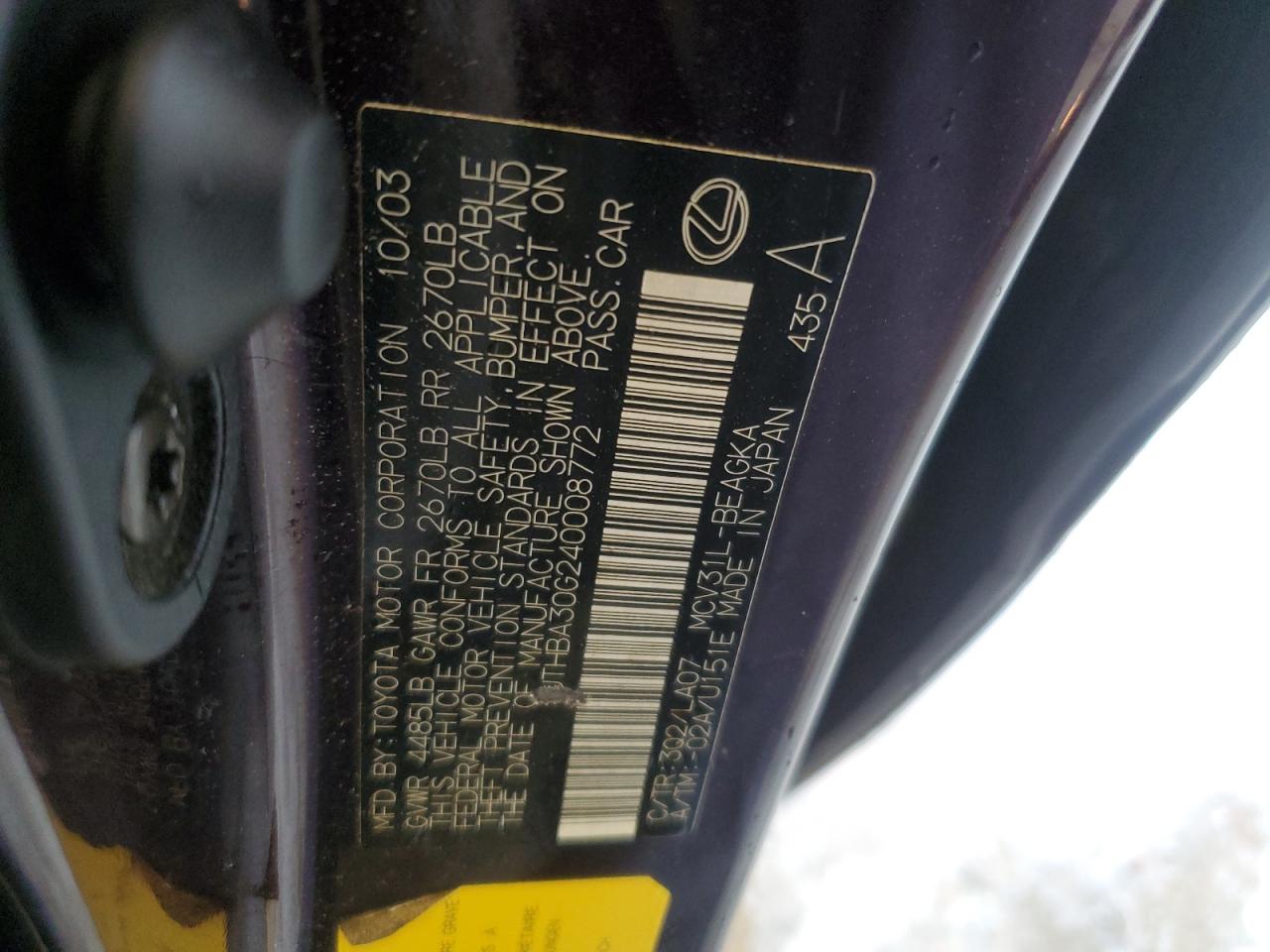 2004 Lexus Es 330 VIN: JTHBA30G240008772 Lot: 58542445