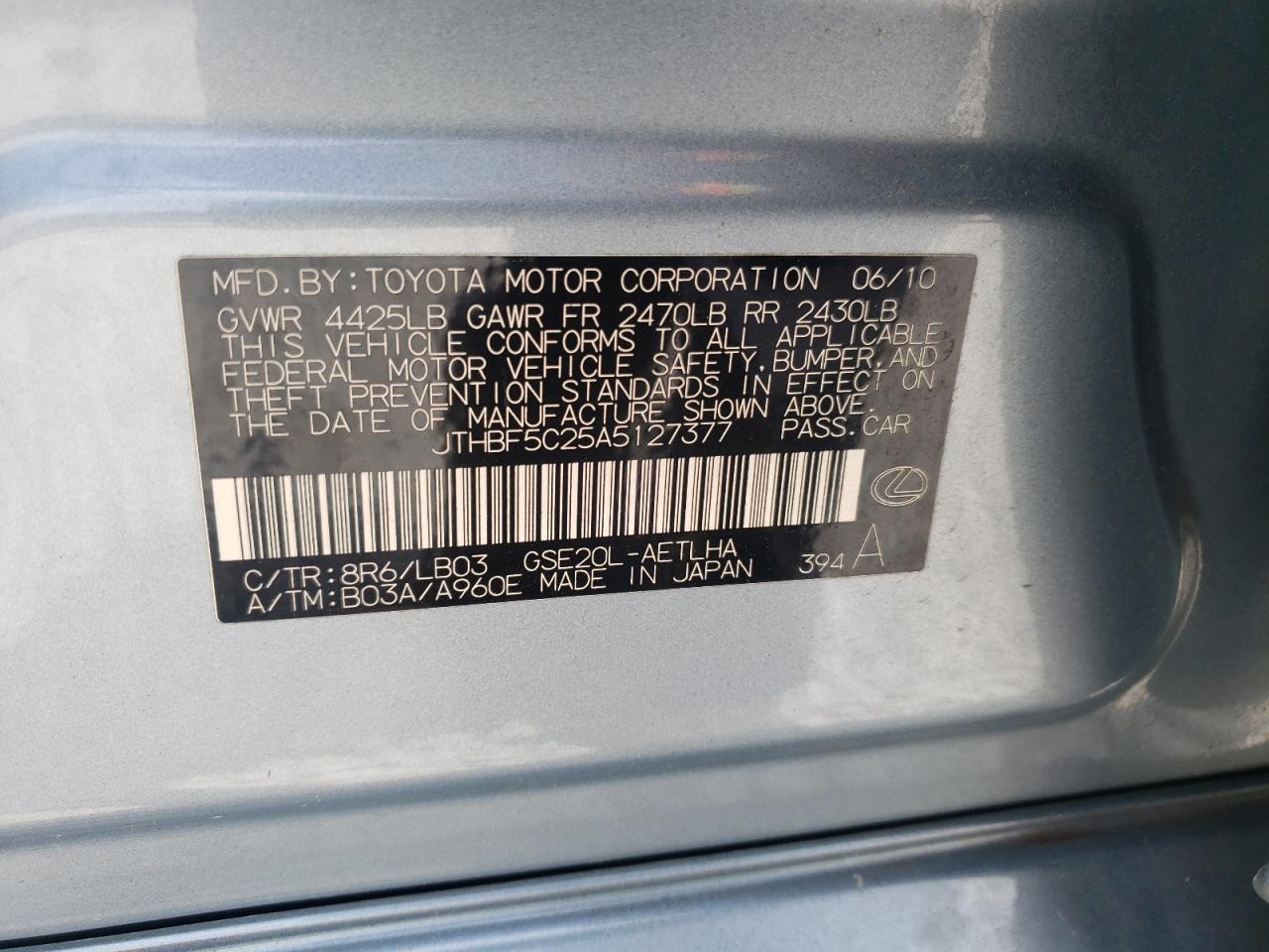 2010 Lexus Is 250 VIN: JTHBF5C25A5127377 Lot: 56889145