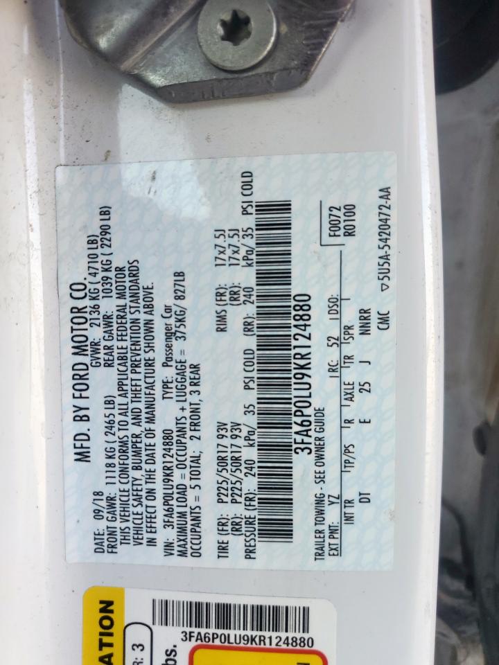 2019 Ford Fusion Se VIN: 3FA6P0LU9KR124880 Lot: 55083375