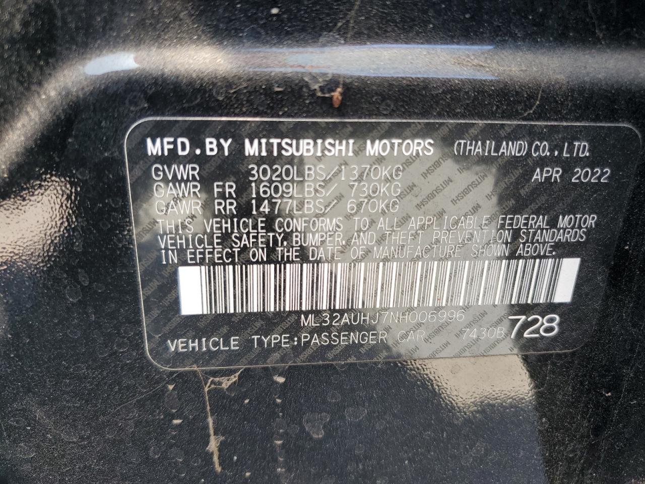 2022 Mitsubishi Mirage Es VIN: ML32AUHJ7NH006996 Lot: 56581515