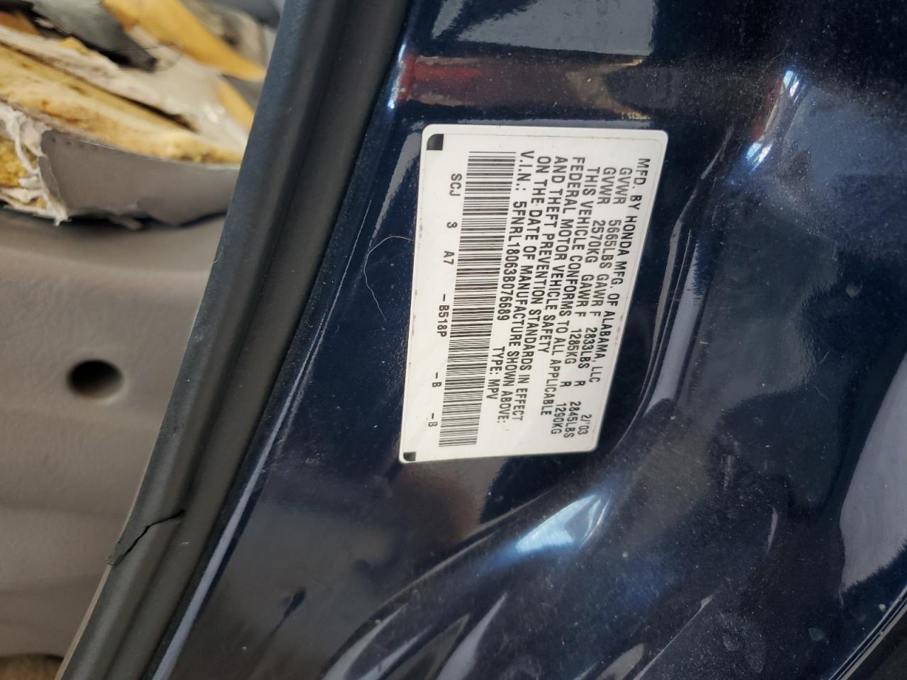 2003 Honda Odyssey Exl VIN: 5FNRL18063B076689 Lot: 56358275
