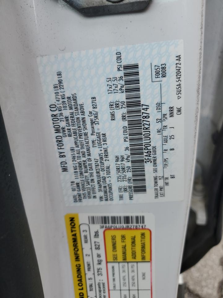 2018 Ford Fusion Se Hybrid VIN: 3FA6P0LU0JR278747 Lot: 56826935