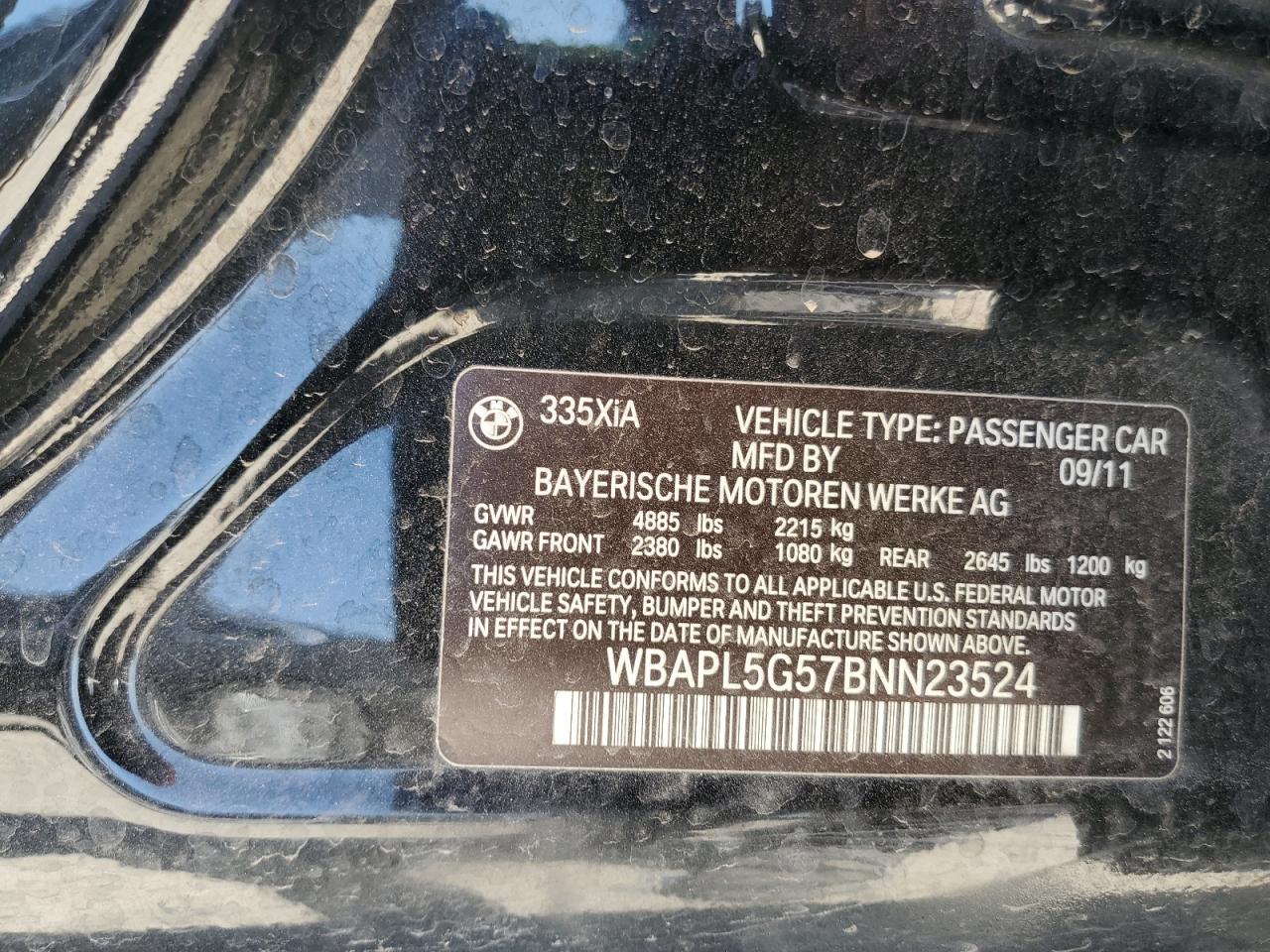 2011 BMW 335 Xi VIN: WBAPL5G57BNN23524 Lot: 57078065