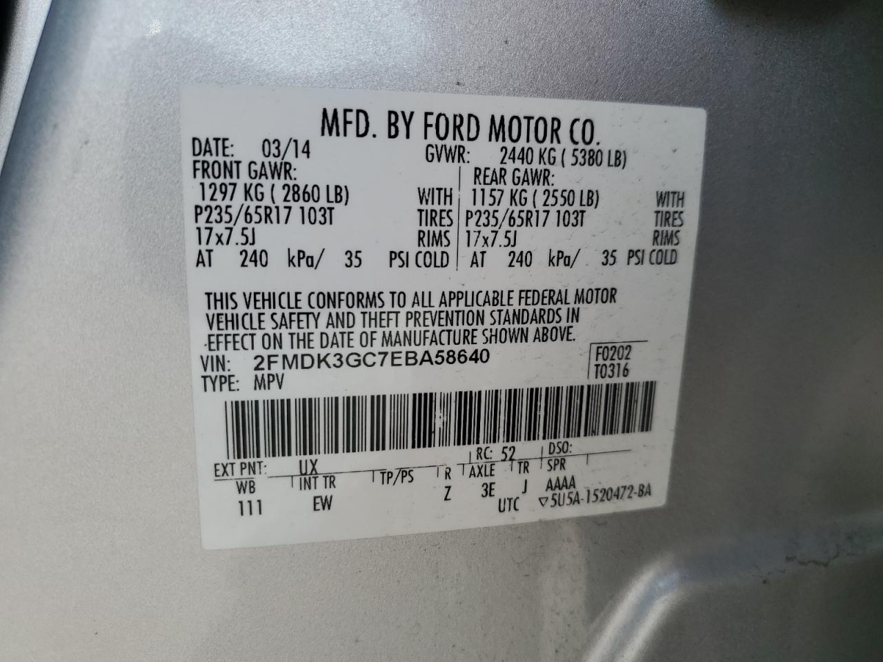 2014 Ford Edge Se VIN: 2FMDK3GC7EBA58640 Lot: 58792615