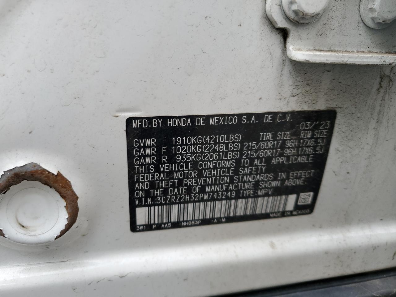 2023 Honda Hr-V Lx VIN: 3CZRZ2H32PM743249 Lot: 57150515