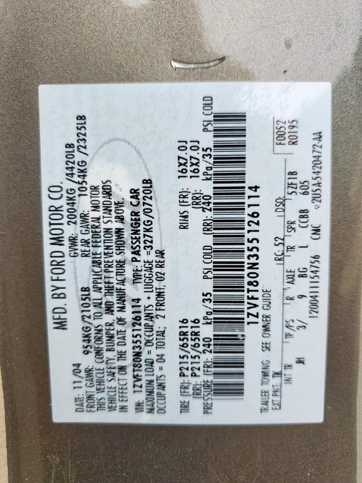 2005 Ford Mustang VIN: 1ZVFT80N355126114 Lot: 57401065
