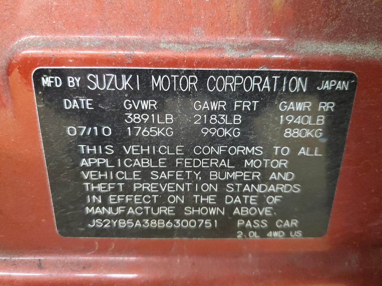 2011 Suzuki Sx4 VIN: JS2YB5A38B6300751 Lot: 56406105