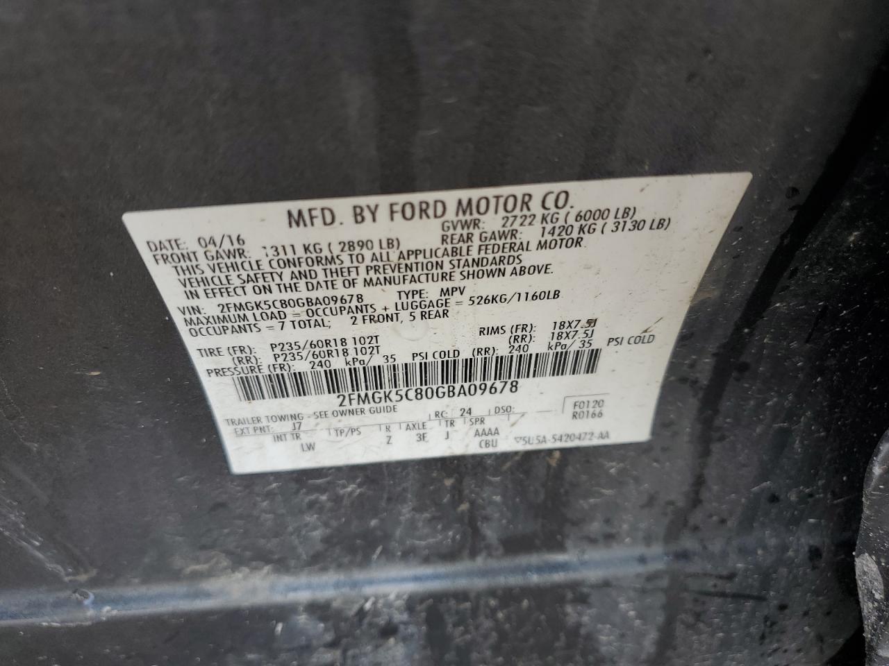 2016 Ford Flex Sel VIN: 2FMGK5C80GBA09678 Lot: 56779775