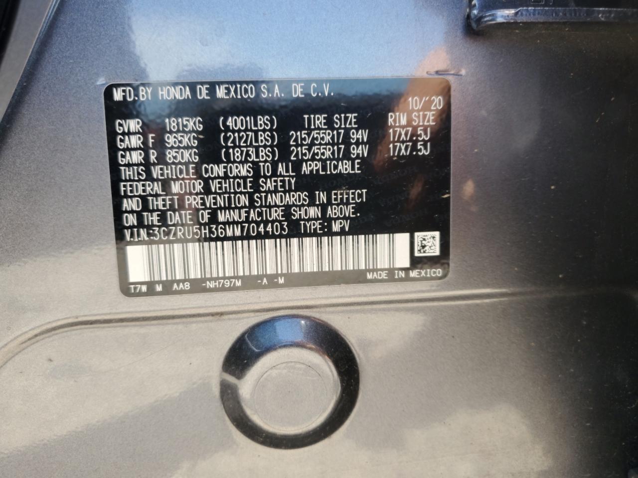 2021 Honda Hr-V Lx VIN: 3CZRU5H36MM704403 Lot: 81614415