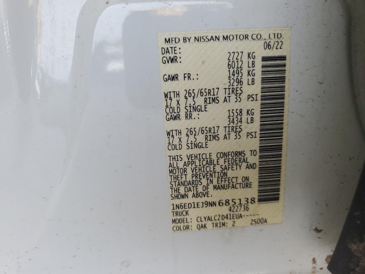 1N6ED1EJ9NN685138 NISSAN FRONTIER 2022